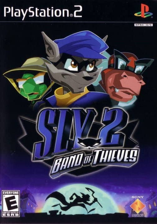 cover art of the game Sly 2, has a humaniod raccon, turtle, and hippo in theif gear